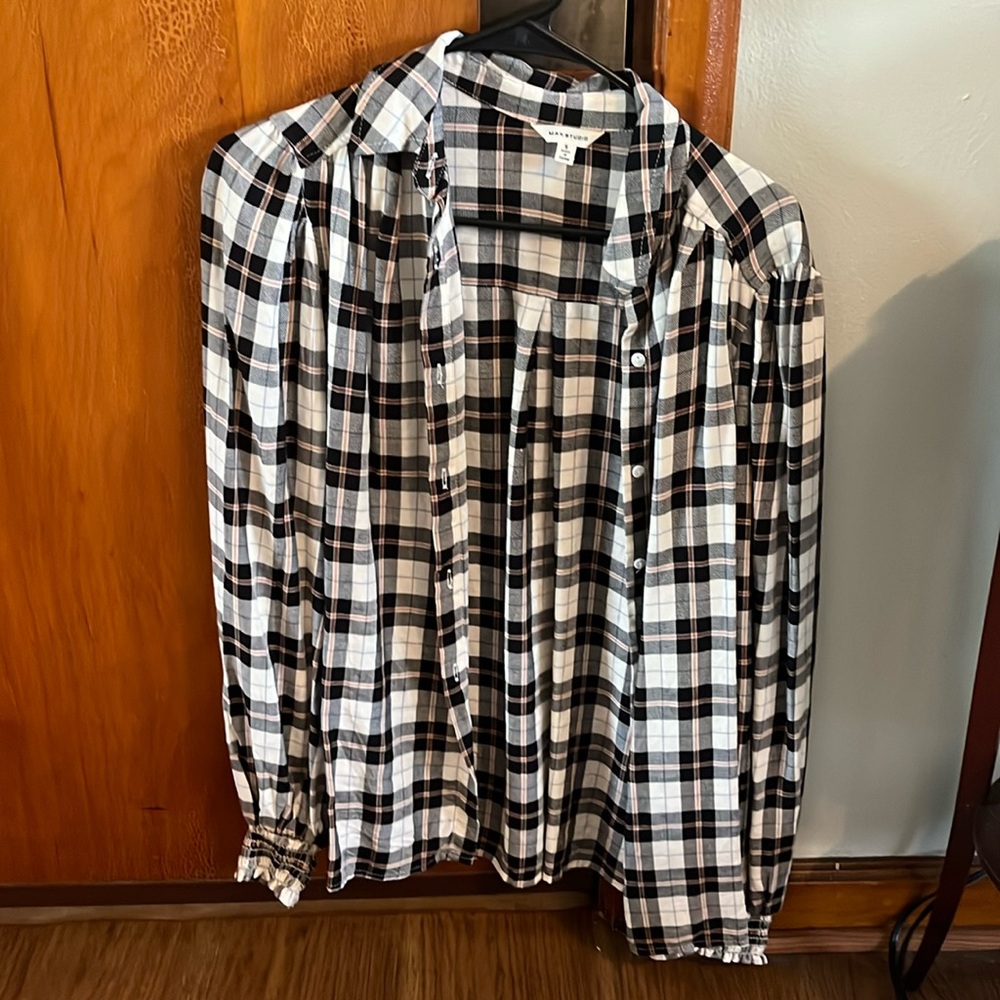 Max Studio Plaid Shirt, size S. NOT flannel, 100% Rayon. Worn twice. Good as new